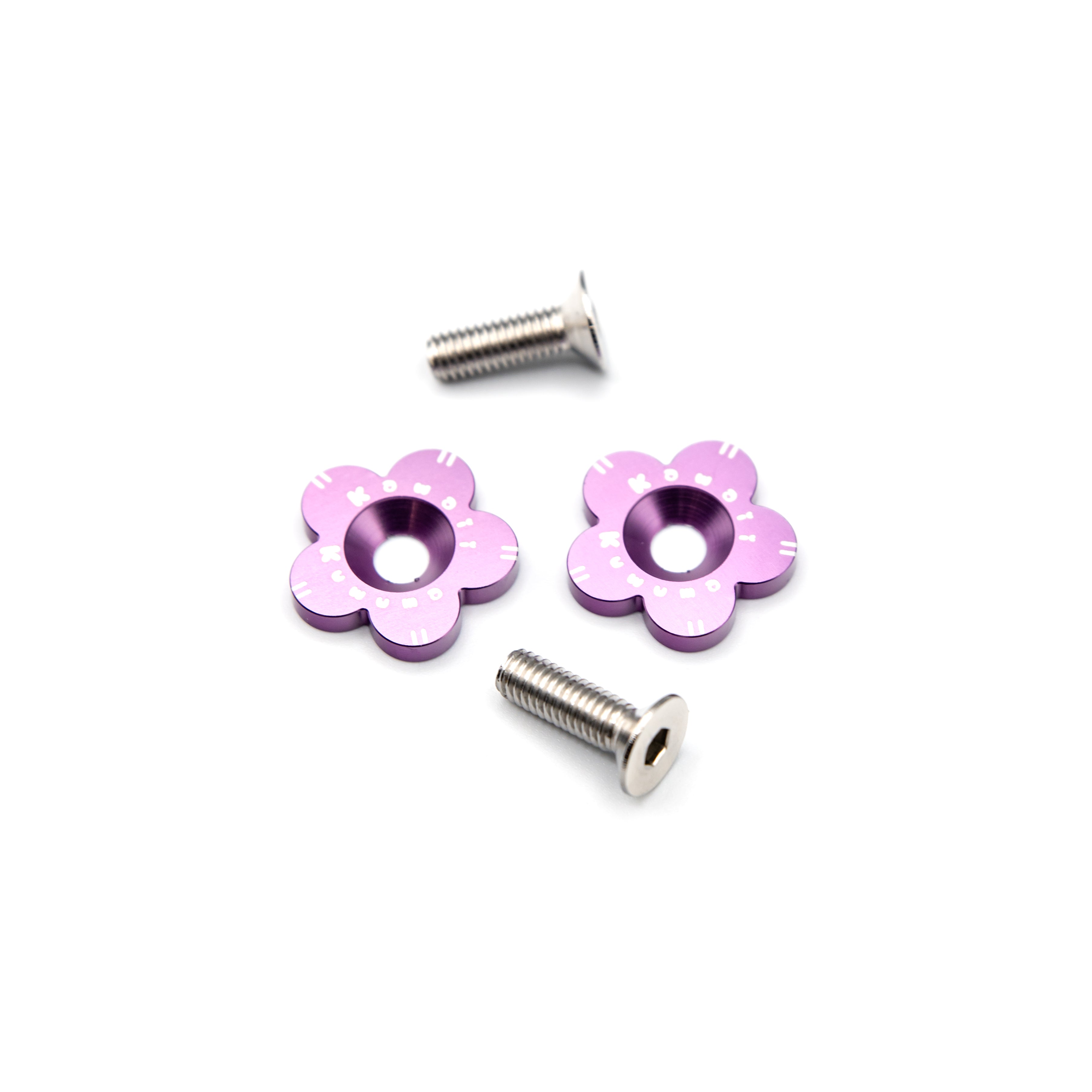 Flower shaped dress up hardware with m6 bolt. Purple flower shaped washer